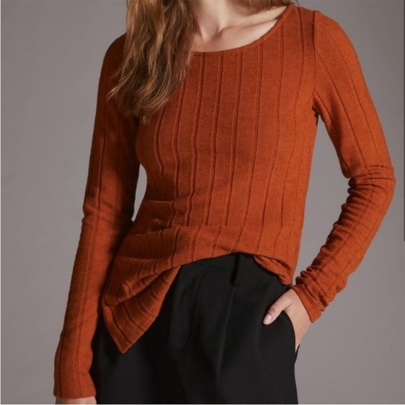 By Anthropologie Ribbed Side Slit Tunic Top New Cedar Size XS Anthro Long Sleeve - Picture 2 of 7